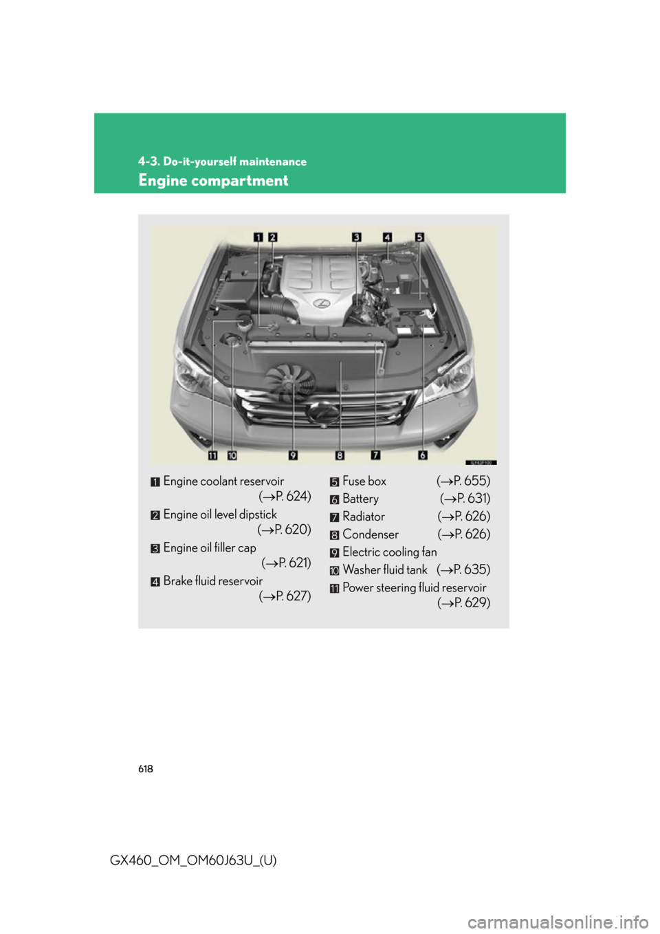 Lexus GX460 2013  Specifications / 618
4-3. Do-it-yourself maintenance
GX460_OM_OM60J63U_(U)
Engine compartment
Engine coolant reservoir(P.  6 2 4 )
Engine oil level dipstick (P. 620)
Engine oil filler cap (P. 621)
Brake fluid