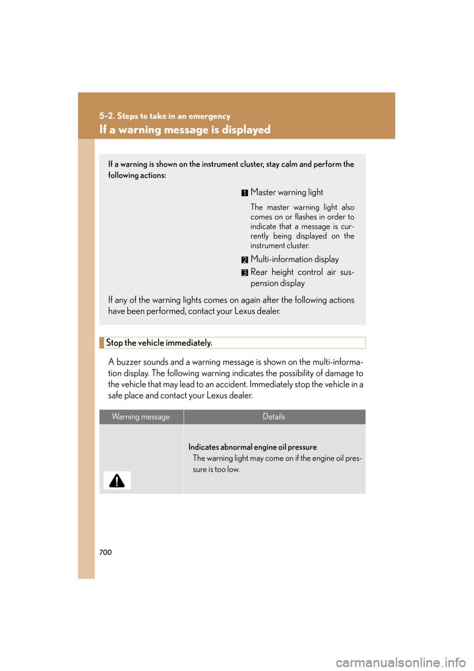 Lexus GX460 2012 Owners Guide 700
5-2. Steps to take in an emergency
GX460_U.S.A. (OM60J00U)
If a warning message is displayed
Stop the vehicle immediately.
A buzzer sounds and a warning message is shown on the multi-informa-
tion Lexus GX460 2012 Owners Guide 700
5-2. Steps to take in an emergency
GX460_U.S.A. (OM60J00U)
If a warning message is displayed
Stop the vehicle immediately.
A buzzer sounds and a warning message is shown on the multi-informa-
tion