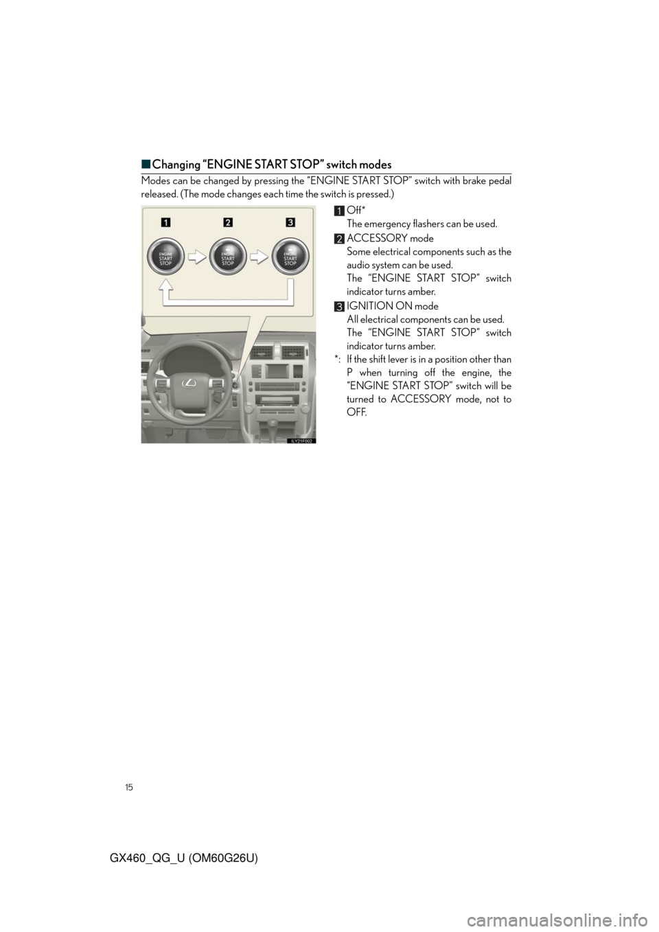 Lexus GX460 2011 Owners Manual / LEXUS 2011 GX460 QUICK GUIDE (OM60G26U) User Guide 15
GX460_QG_U (OM60G26U)
■Changing “ENGINE START STOP” switch modes
Modes can be changed by pressing the “ENGINE START STOP” switch with brake pedal
released. (The mode changes each time the Lexus GX460 2011 Owners Manual / LEXUS 2011 GX460 QUICK GUIDE (OM60G26U) User Guide 15
GX460_QG_U (OM60G26U)
■Changing “ENGINE START STOP” switch modes
Modes can be changed by pressing the “ENGINE START STOP” switch with brake pedal
released. (The mode changes each time the