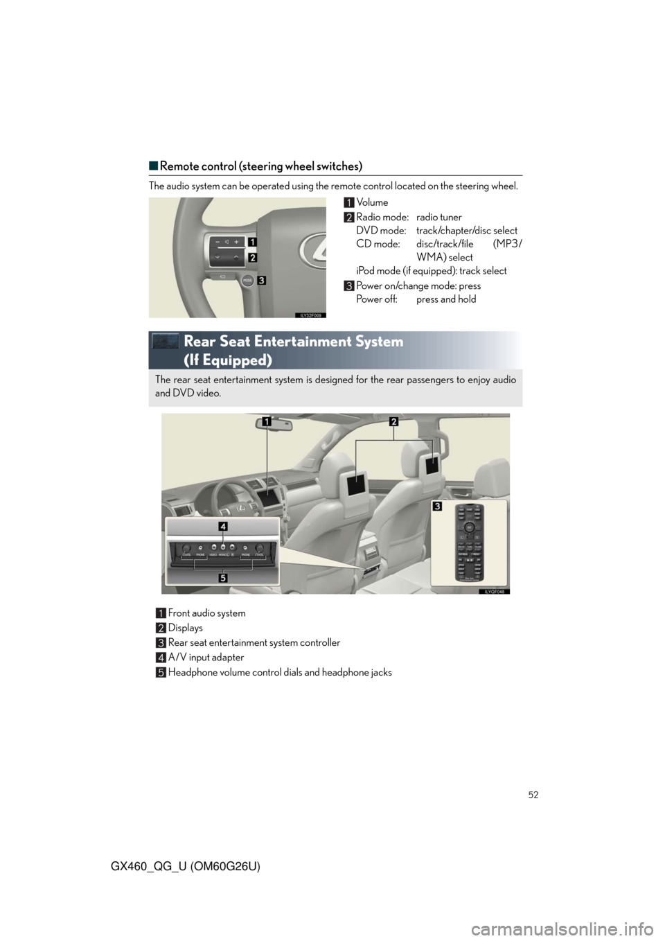 Lexus GX460 2011  Owners Manual / LEXUS 2011 GX460  QUICK GUIDE (OM60G26U) Workshop Manual 52
GX460_QG_U (OM60G26U)
■Remote control (steering wheel switches)
The audio system can be operated using the remote control located on the steering wheel.
Vo l u m e
Radio mode: radio tuner
DVD mod