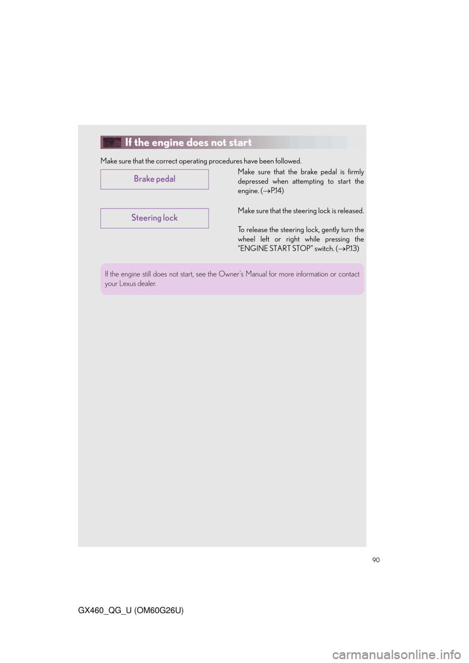 Lexus GX460 2011  Owners Manual / LEXUS 2011 GX460  QUICK GUIDE (OM60G26U) Manual Online 90
GX460_QG_U (OM60G26U)
If the engine does not start
Make sure that the correct operating procedures have been followed.
Make sure that the brake pedal is firmly
depressed when attempting to start th