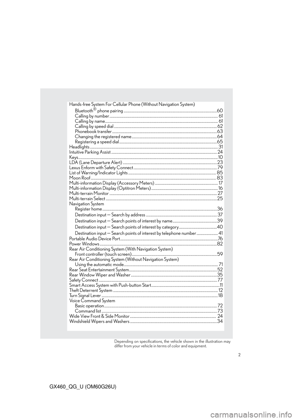 Lexus GX460 2011  Operating Other Driving Systems / LEXUS 2011 GX460 OWNERS MANUAL QUICK GUIDE (OM60G26U) 2
GX460_QG_U (OM60G26U)
Hands-free System For Cellular Phone (Without Navigation System)
Bluetooth® phone pairing .....................................................................................