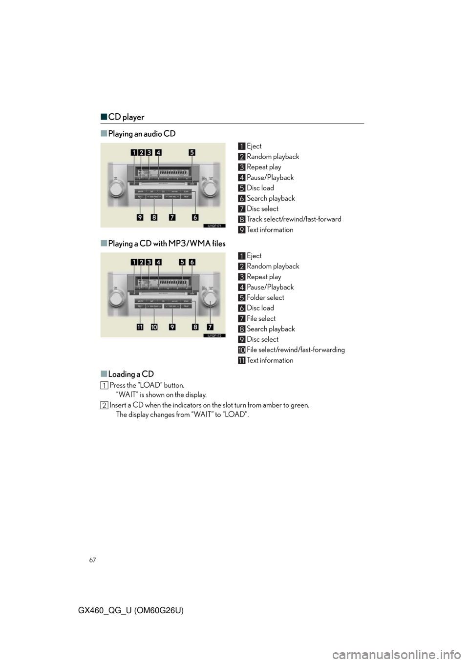 Lexus GX460 2011  Warranty and Services Guide / LEXUS 2011 GX460  QUICK GUIDE (OM60G26U) Repair Manual 67
GX460_QG_U (OM60G26U)
■CD player
■
Playing an audio CD
Eject
Random playback 
Repeat play
Pause/Playback
Disc load
Search playback
Disc select
Track select/rewind/fast-forward
Te x t  i n f o r