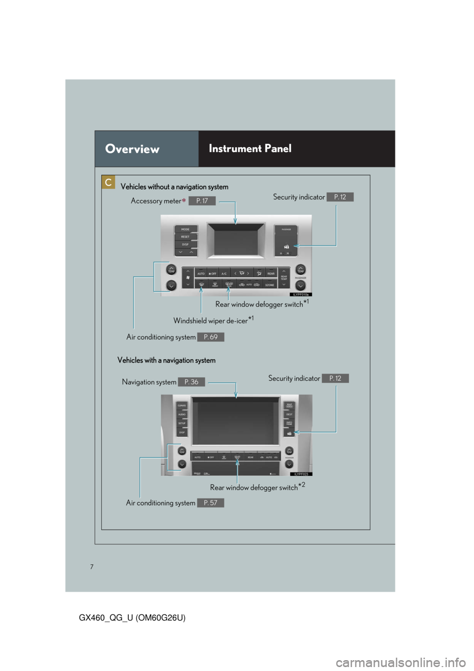 Lexus GX460 2011  Do-It-Yourself Maintenance / LEXUS 2011 GX460 OWNERS MANUAL QUICK GUIDE (OM60G26U) 7
GX460_QG_U (OM60G26U)
OverviewInstrument Panel
Accessory meterP. 17
Vehicles without a navigation system
Vehicles with a navigation systemSecurity indicator 
P. 12
Rear window defogger switch*