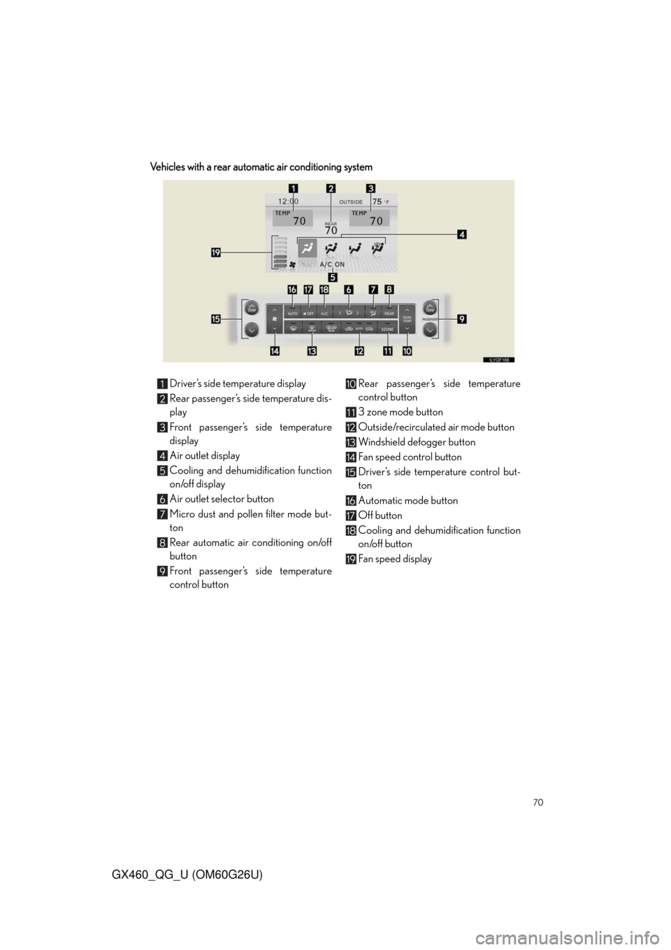 Lexus GX460 2011  Do-It-Yourself Maintenance / LEXUS 2011 GX460 OWNERS MANUAL QUICK GUIDE (OM60G26U) 70
GX460_QG_U (OM60G26U)
Vehicles with a rear automatic air conditioning system
Driver’s side temperature display
Rear passenger’s side temperature dis-
play
Front passenger’s side temperature
d