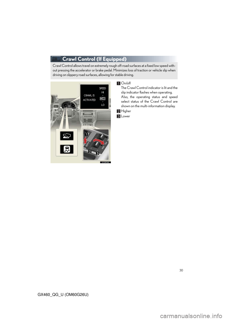 Lexus GX460 2011 Opening, Closing And Locking The Doors / LEXUS 2011 GX460 QUICK GUIDE (OM60G26U) Owners Manual 30
GX460_QG_U (OM60G26U)
Crawl Control (If Equipped)
On/off
The Crawl Control indicator is lit and the
slip indicator flashes when operating.
Also, the operating status and speed
select status of the Lexus GX460 2011 Opening, Closing And Locking The Doors / LEXUS 2011 GX460 QUICK GUIDE (OM60G26U) Owners Manual 30
GX460_QG_U (OM60G26U)
Crawl Control (If Equipped)
On/off
The Crawl Control indicator is lit and the
slip indicator flashes when operating.
Also, the operating status and speed
select status of the
