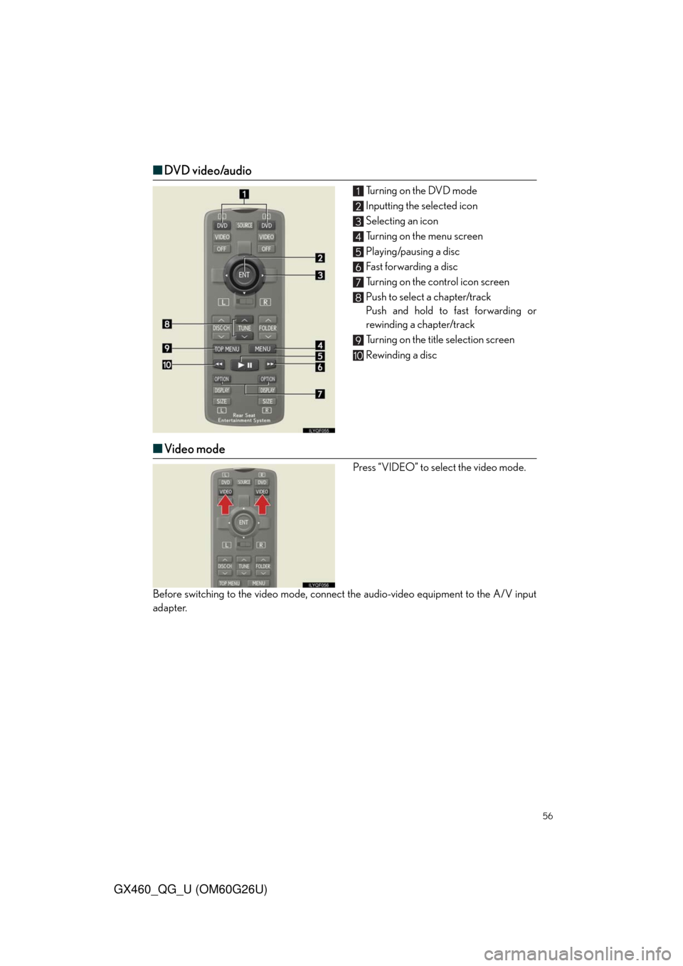 Lexus GX460 2011  Opening, Closing And Locking The Doors / LEXUS 2011 GX460  QUICK GUIDE (OM60G26U) Workshop Manual 56
GX460_QG_U (OM60G26U)
■DVD video/audio
Turning on the DVD mode
Inputting the selected icon
Selecting an icon
Turning on the menu screen
Playing/pausing a disc
Fast forwarding a disc
Turning on th