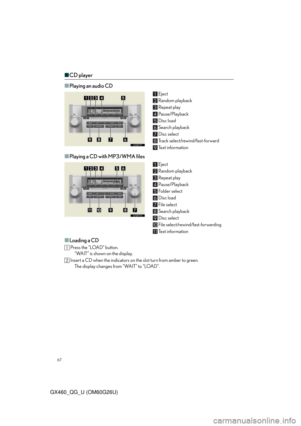 Lexus GX460 2011  Opening, Closing And Locking The Doors / LEXUS 2011 GX460  QUICK GUIDE (OM60G26U) Repair Manual 67
GX460_QG_U (OM60G26U)
■CD player
■
Playing an audio CD
Eject
Random playback 
Repeat play
Pause/Playback
Disc load
Search playback
Disc select
Track select/rewind/fast-forward
Te x t  i n f o r