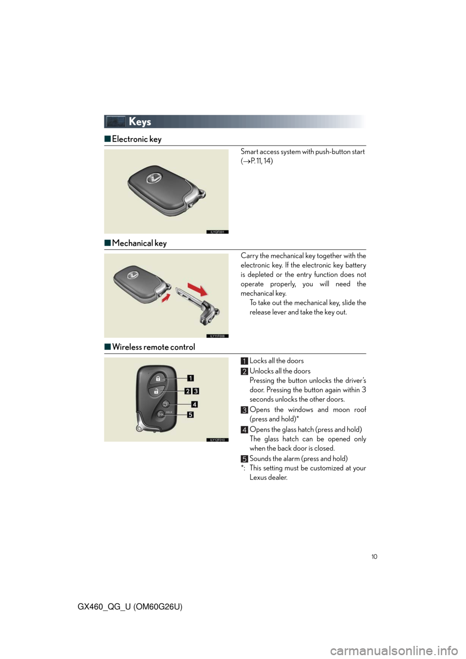 Lexus GX460 2011  Opening, Closing And Locking The Doors / LEXUS 2011 GX460 OWNERS MANUAL QUICK GUIDE (OM60G26U) 10
GX460_QG_U (OM60G26U)
Keys
■Electronic key
Smart access system with push-button start 
(P. 11, 14)
■Mechanical key
Carry the mechanical key together with the
electronic key. If the electroni