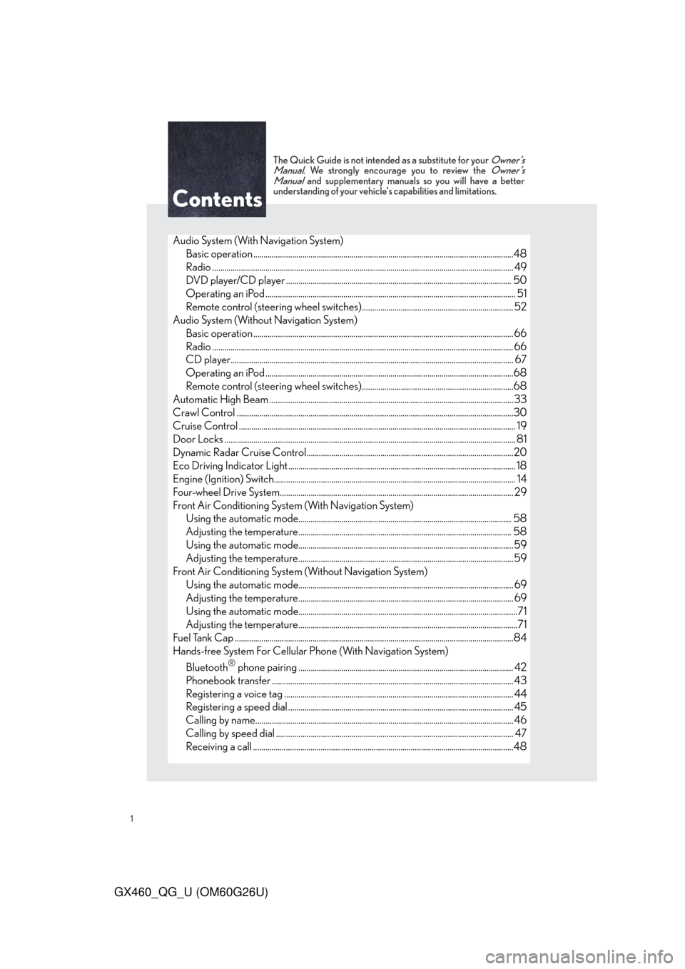 Lexus GX460 2011 Intuitive Parking Assist / LEXUS 2011 GX460 OWNERS MANUAL QUICK GUIDE (OM60G26U) 1
GX460_QG_U (OM60G26U)
The Quick Guide is not intended as a substitute for your Owner’s
Manual. We strongly encourage you to review the Owner’s
Manual and supplementary manuals so you will have a Lexus GX460 2011 Intuitive Parking Assist / LEXUS 2011 GX460 OWNERS MANUAL QUICK GUIDE (OM60G26U) 1
GX460_QG_U (OM60G26U)
The Quick Guide is not intended as a substitute for your Owner’s
Manual. We strongly encourage you to review the Owner’s
Manual and supplementary manuals so you will have a