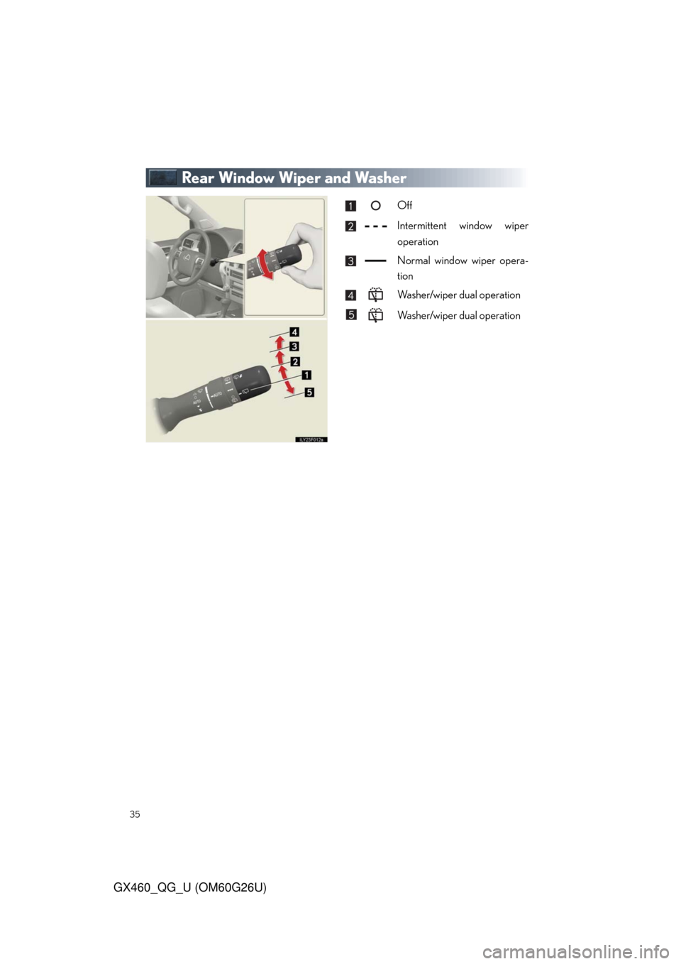 Lexus GX460 2011  Intuitive Parking Assist / LEXUS 2011 GX460  QUICK GUIDE (OM60G26U) Owners Guide 35
GX460_QG_U (OM60G26U)
Rear Window Wiper and Washer
Off
Intermittent window wiper
operation
Normal window wiper opera-
tion
Washer/wiper dual operation
Washer/wiper dual operation 