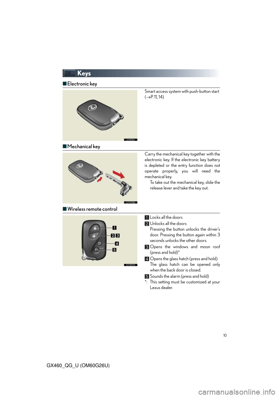 Lexus GX460 2011  Intuitive Parking Assist / LEXUS 2011 GX460 OWNERS MANUAL QUICK GUIDE (OM60G26U) 10
GX460_QG_U (OM60G26U)
Keys
■Electronic key
Smart access system with push-button start 
(P. 11, 14)
■Mechanical key
Carry the mechanical key together with the
electronic key. If the electroni