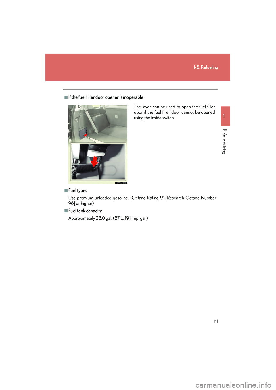 Lexus GX460 2010  Owners Manual 111
1-5. Refueling
1
Before driving
GX460_CANADA (OM60F29U)
■If the fuel filler door opener is inoperable
■Fuel types
Use premium unleaded gasoline. (Octane Rating 91 [Research Octane Number
96] o