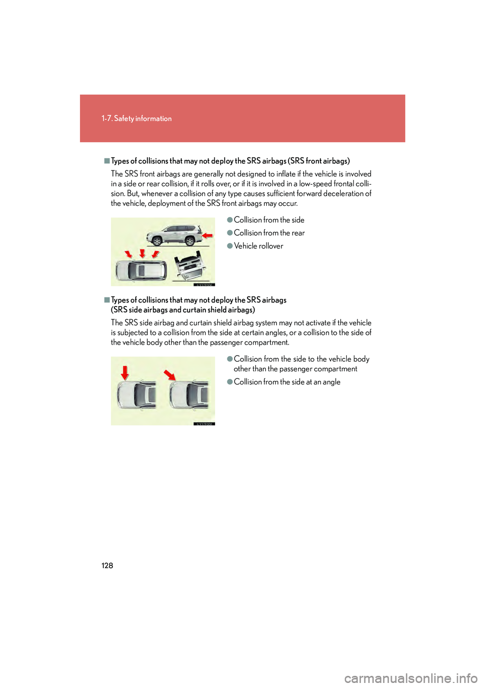 Lexus GX460 2010 Owners Manual 128
1-7. Safety information
GX460_CANADA (OM60F29U)
■Types of collisions that may not deploy the SRS airbags (SRS front airbags)
The SRS front airbags are generally not designed to inflate if the ve Lexus GX460 2010 Owners Manual 128
1-7. Safety information
GX460_CANADA (OM60F29U)
■Types of collisions that may not deploy the SRS airbags (SRS front airbags)
The SRS front airbags are generally not designed to inflate if the ve