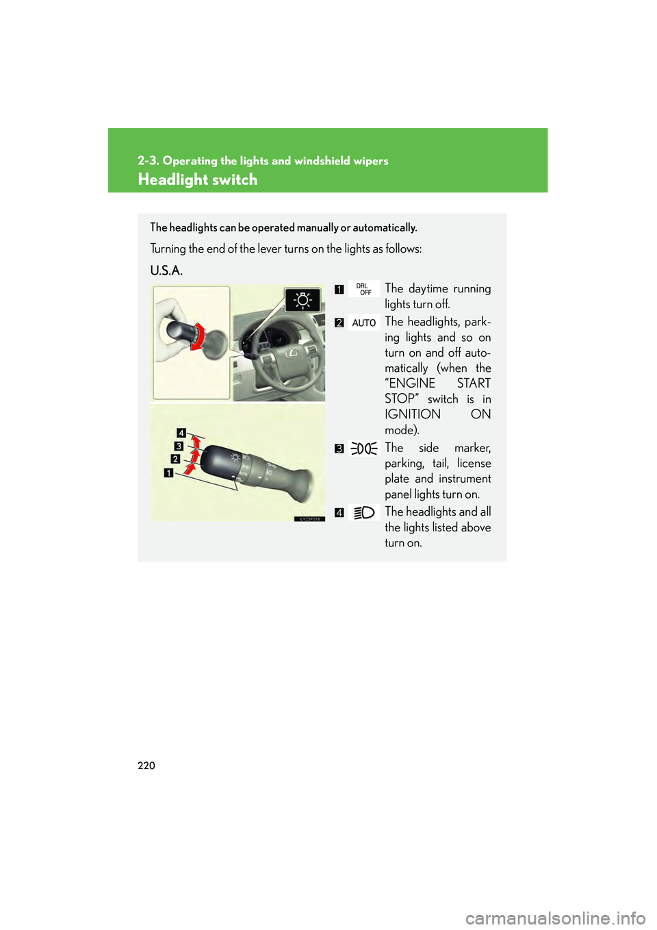 Lexus GX460 2010  Owners Manual 220
GX460_CANADA (OM60F29U)
2-3. Operating the lights and windshield wipers
Headlight switch
The headlights can be operated manually or automatically. 
Turning the end of the lever turns on the lights