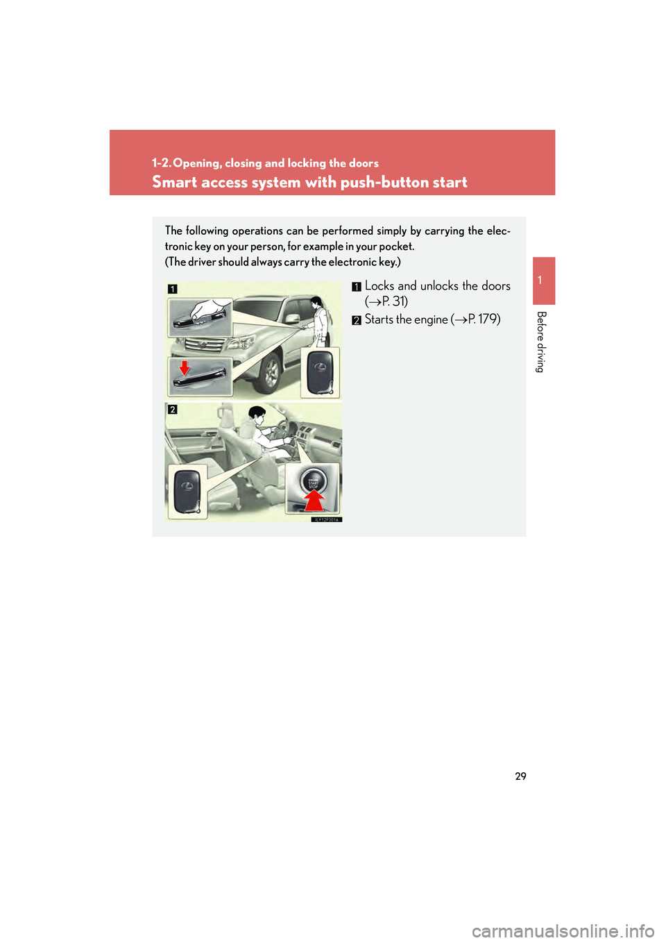 Lexus GX460 2010 Owners Manual 29
1
Before driving
GX460_CANADA (OM60F29U)
1-2. Opening, closing and locking the doors
Smart access system with push-button start
The following operations can be performed simply by carrying the elec Lexus GX460 2010 Owners Manual 29
1
Before driving
GX460_CANADA (OM60F29U)
1-2. Opening, closing and locking the doors
Smart access system with push-button start
The following operations can be performed simply by carrying the elec