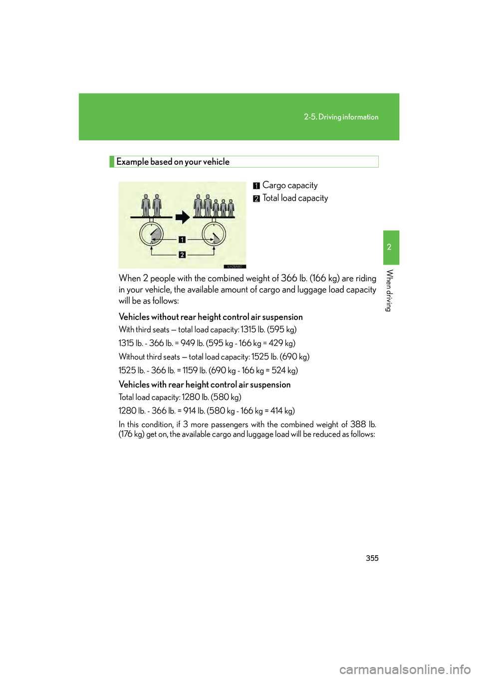 Lexus GX460 2010  Owners Manual 355
2-5. Driving information
2
When driving
GX460_CANADA (OM60F29U)
Example based on your vehicleCargo capacity
Total load capacity
When 2 people with the combined weight of 366 lb. (166 kg) are ridin