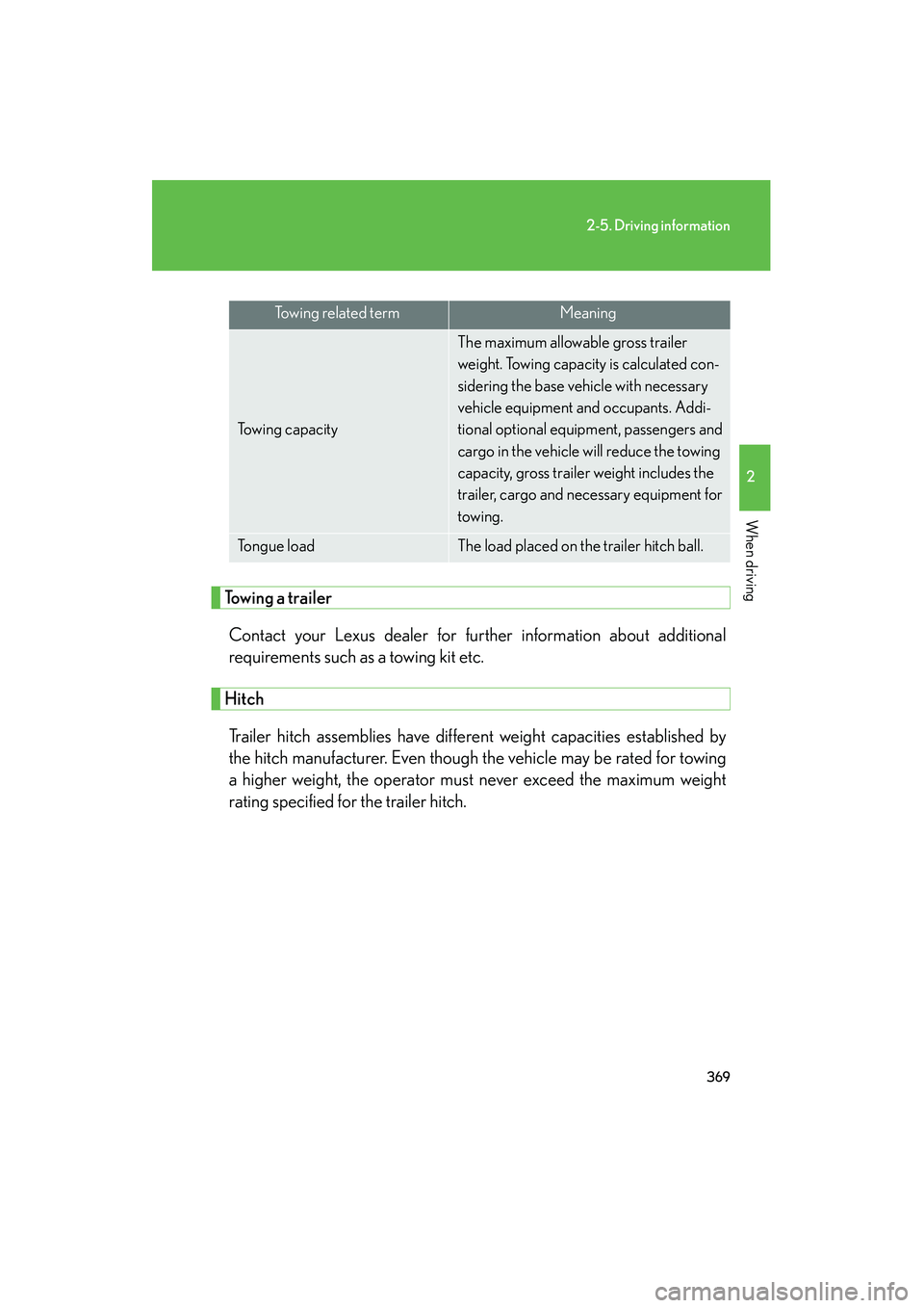 Lexus GX460 2010 Owners Manual 369
2-5. Driving information
2
When driving
GX460_CANADA (OM60F29U)
Towing a trailerContact your Lexus dealer for further information about additional
requirements such as a towing kit etc.
HitchTrail Lexus GX460 2010 Owners Manual 369
2-5. Driving information
2
When driving
GX460_CANADA (OM60F29U)
Towing a trailerContact your Lexus dealer for further information about additional
requirements such as a towing kit etc.
HitchTrail