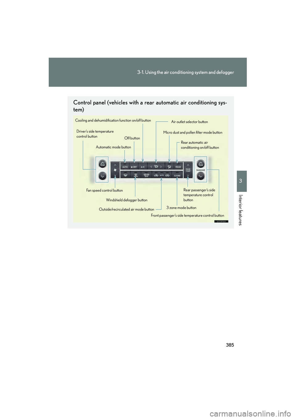 Lexus GX460 2010 Owners Manual 385
3-1. Using the air conditioning system and defogger
3
Interior features
GX460_CANADA (OM60F29U)
Control panel (vehicles with a rear automatic air conditioning sys-
tem)
Automatic mode button
Off Lexus GX460 2010 Owners Manual 385
3-1. Using the air conditioning system and defogger
3
Interior features
GX460_CANADA (OM60F29U)
Control panel (vehicles with a rear automatic air conditioning sys-
tem)
Automatic mode button
Off