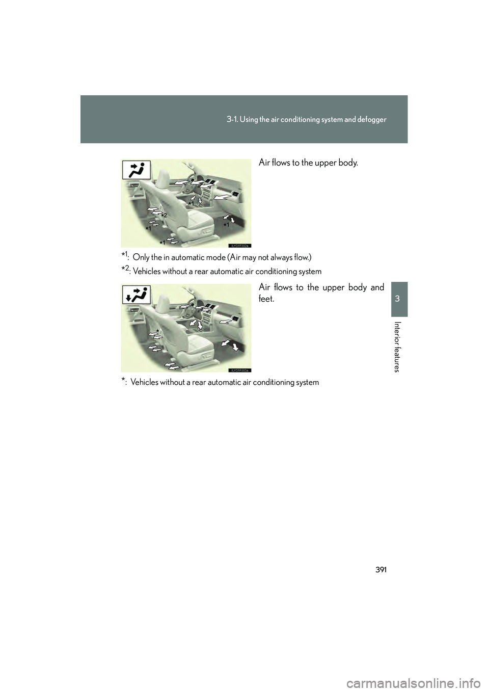 Lexus GX460 2010 Owners Manual 391
3-1. Using the air conditioning system and defogger
3
Interior features
GX460_CANADA (OM60F29U) Air flows to the upper body.
*1: Only the in automatic mode (Air may not always flow.)
*2: Vehicles Lexus GX460 2010 Owners Manual 391
3-1. Using the air conditioning system and defogger
3
Interior features
GX460_CANADA (OM60F29U) Air flows to the upper body.
*1: Only the in automatic mode (Air may not always flow.)
*2: Vehicles