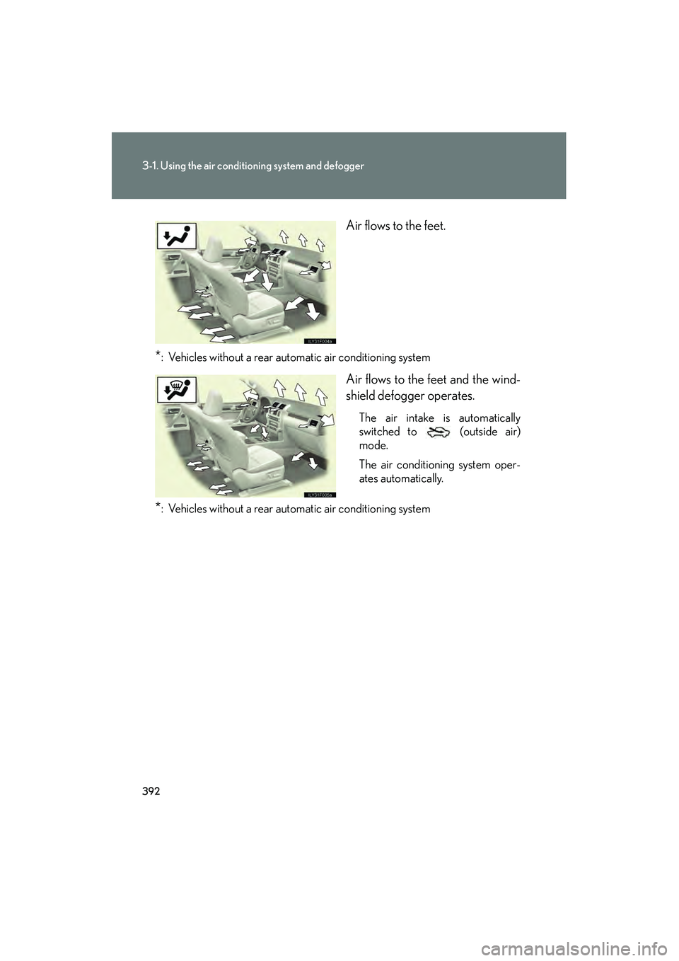 Lexus GX460 2010 Owners Manual 392
3-1. Using the air conditioning system and defogger
GX460_CANADA (OM60F29U)Air flows to the feet.
*: Vehicles without a rear automatic air conditioning system
Air flows to the feet and the wind-
s Lexus GX460 2010 Owners Manual 392
3-1. Using the air conditioning system and defogger
GX460_CANADA (OM60F29U)Air flows to the feet.
*: Vehicles without a rear automatic air conditioning system
Air flows to the feet and the wind-
s