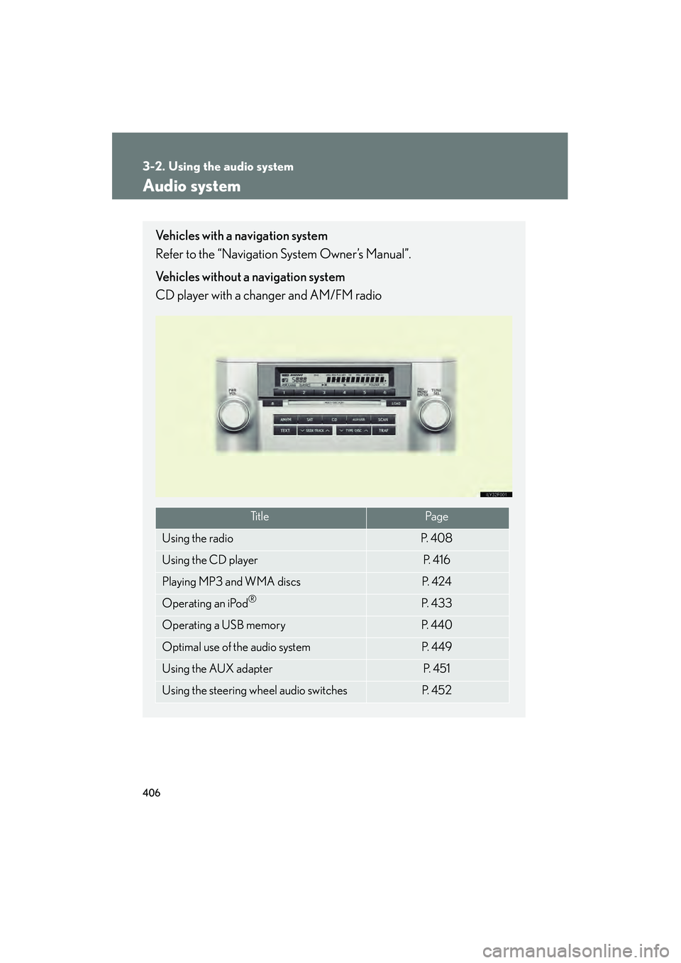 Lexus GX460 2010  Owners Manual 406
GX460_CANADA (OM60F29U)
3-2. Using the audio system
Audio system
Vehicles with a navigation system
Refer to the “Navigation System Owner’s Manual”.
Vehicles without a navigation system
CD pl