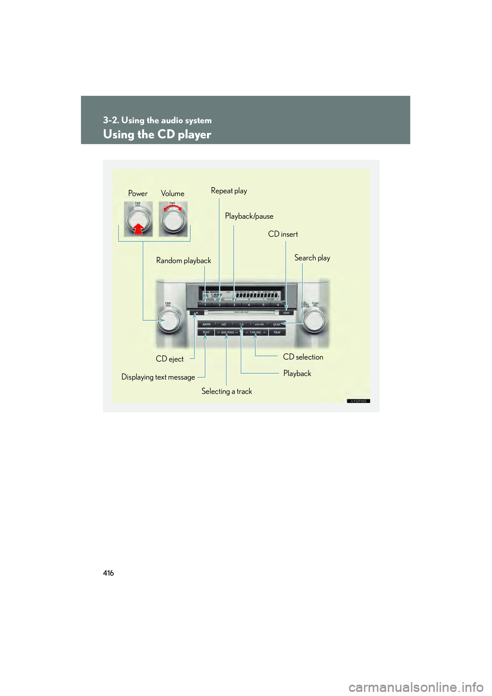 Lexus GX460 2010 Owners Manual 416
3-2. Using the audio system
GX460_CANADA (OM60F29U)
Using the CD player
Selecting a trackSearch play
CD eject
Displaying text message Random playback
CD selection
CD insert
Repeat play
Playback/pa