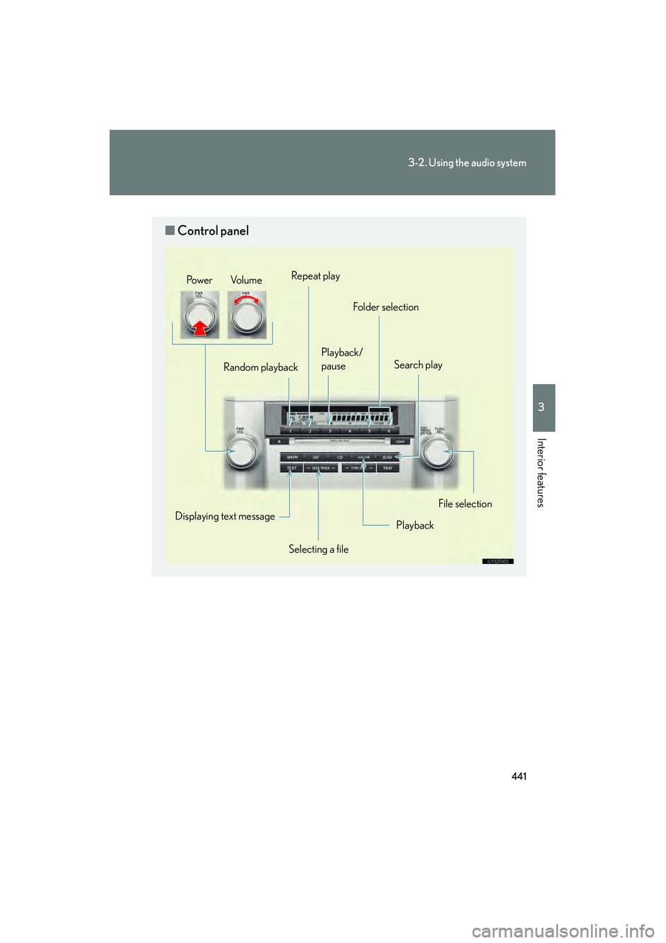 Lexus GX460 2010 Owners Manual 441
3-2. Using the audio system
3
Interior features
GX460_CANADA (OM60F29U)
■Control panel
Po w e r Vo l u m e
Playback/
pause Folder selection
Selecting a file
Displaying text message
Playback
Sear Lexus GX460 2010 Owners Manual 441
3-2. Using the audio system
3
Interior features
GX460_CANADA (OM60F29U)
■Control panel
Po w e r Vo l u m e
Playback/
pause Folder selection
Selecting a file
Displaying text message
Playback
Sear
