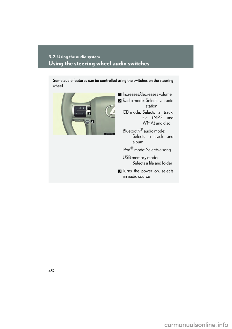 Lexus GX460 2010 Owners Manual 452
3-2. Using the audio system
GX460_CANADA (OM60F29U)
Using the steering wheel audio switches
Some audio features can be controlled using the switches on the steering
wheel.
Increases/decreases volu Lexus GX460 2010 Owners Manual 452
3-2. Using the audio system
GX460_CANADA (OM60F29U)
Using the steering wheel audio switches
Some audio features can be controlled using the switches on the steering
wheel.
Increases/decreases volu