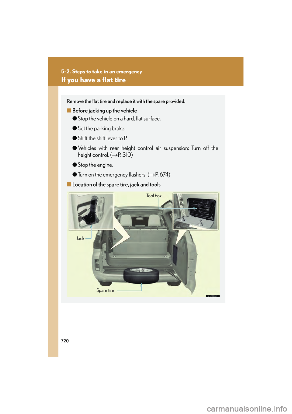 Lexus GX460 2010  Owners Manual 720
5-2. Steps to take in an emergency
GX460_CANADA (OM60F29U)
If you have a flat tire
Remove the flat tire and replace it with the spare provided.
■Before jacking up the vehicle
●Stop the vehicle
