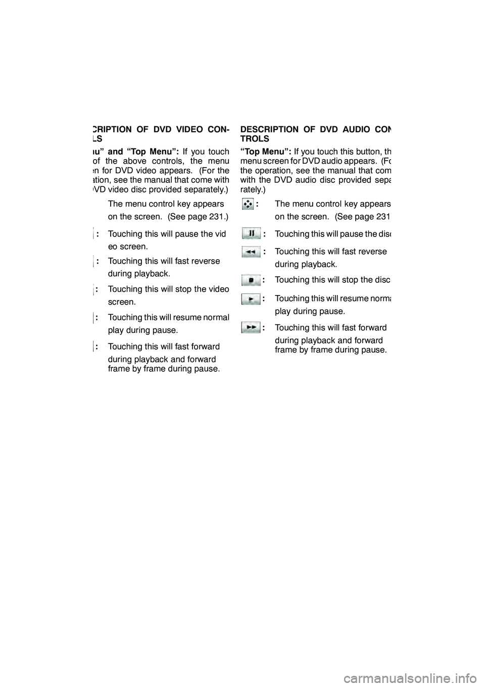 Lexus GX460 2010 Navigation Manual AUDIO/VIDEO SYSTEM
230
DESCRIPTION OF DVD VIDEO CON-
TROLS
“Menu” and “Top Menu”:If you touch
any of the above controls, the menu
screen for DVD video appears. (For the
operation, see the manu Lexus GX460 2010 Navigation Manual AUDIO/VIDEO SYSTEM
230
DESCRIPTION OF DVD VIDEO CON-
TROLS
“Menu” and “Top Menu”:If you touch
any of the above controls, the menu
screen for DVD video appears. (For the
operation, see the manu