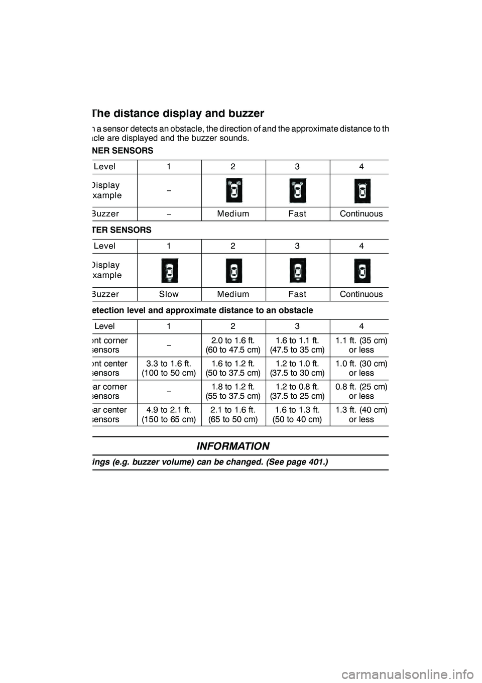 Lexus GX460 2010 Navigation Manual INTUITIVE PARKING ASSIST
324
When a sensor detects an obstacle, the direction of and the approximate distance to the
obstacle are displayed and the buzzer sounds.
CORNER SENSORSLevel
1234
Display
exam Lexus GX460 2010 Navigation Manual INTUITIVE PARKING ASSIST
324
When a sensor detects an obstacle, the direction of and the approximate distance to the
obstacle are displayed and the buzzer sounds.
CORNER SENSORSLevel
1234
Display
exam