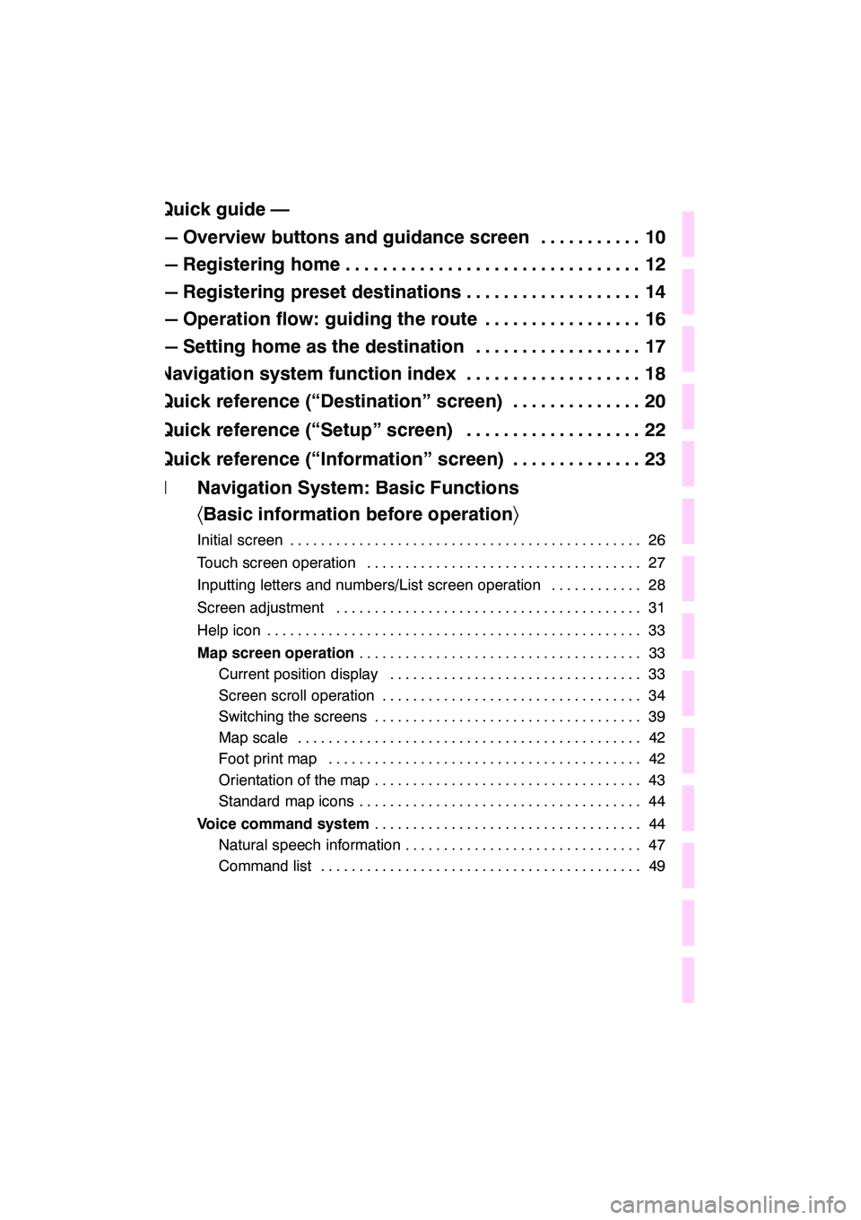 Lexus GX460 2010  Navigation Manual 5
Table of Contents
Quick guide —
— Overview buttons and guidance screen10
...........
— Registering home 12
................................
— Registering preset destinations 14
.............