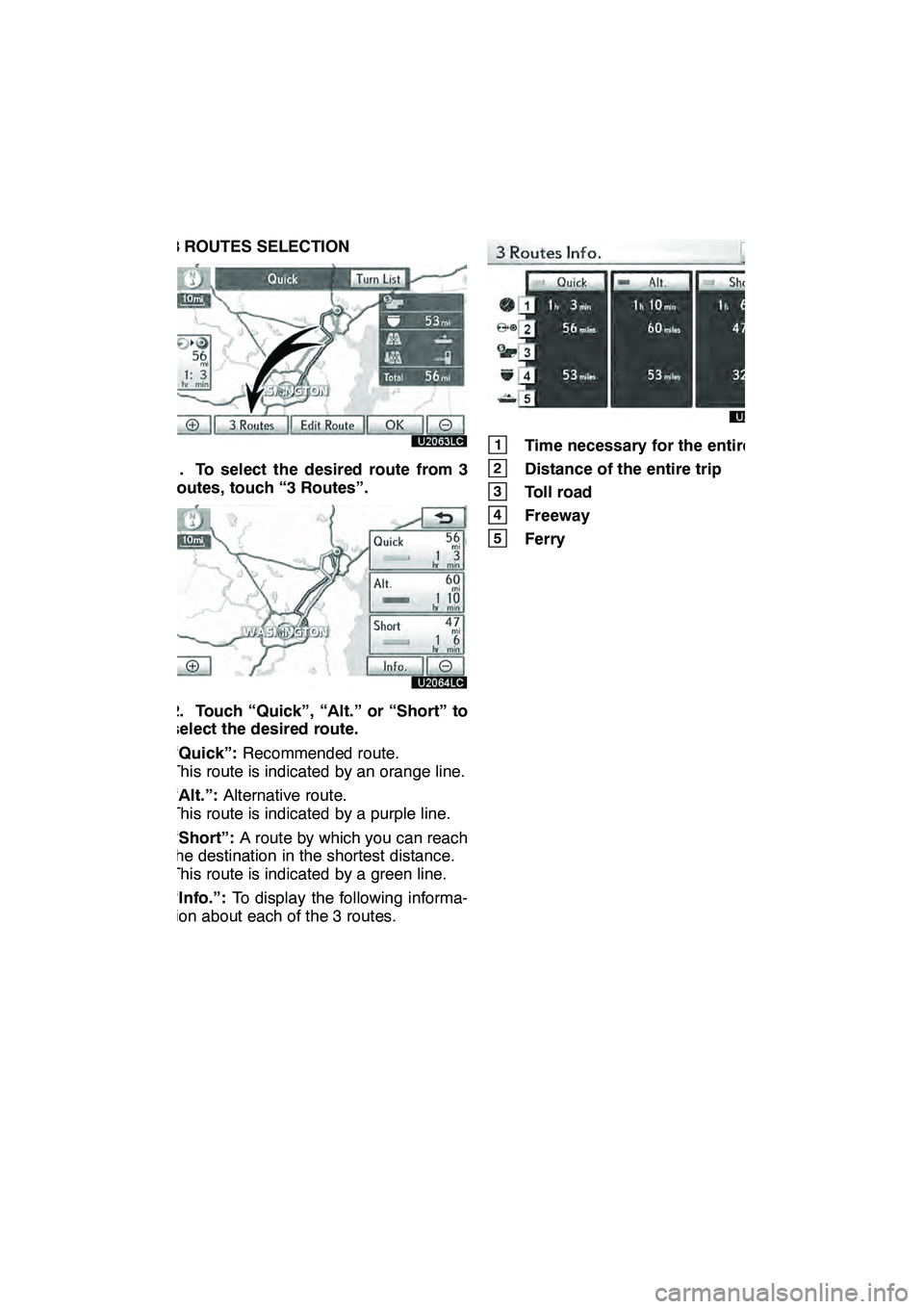 Lexus GX460 2010 Navigation Manual NAVIGATION SYSTEM: DESTINATION SEARCH
85
3 ROUTES SELECTION
1. To select the desired route from 3
routes, touch “3 Routes”.
2. Touch “Quick”, “Alt.” or “Short” to
select the desired ro Lexus GX460 2010 Navigation Manual NAVIGATION SYSTEM: DESTINATION SEARCH
85
3 ROUTES SELECTION
1. To select the desired route from 3
routes, touch “3 Routes”.
2. Touch “Quick”, “Alt.” or “Short” to
select the desired ro
