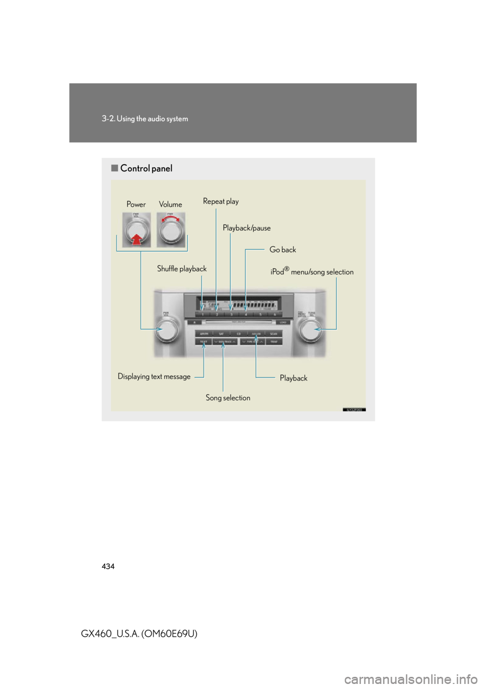 Lexus GX460 2010 Operating Other Driving Systems / LEXUS 2010 GX460 (OM60E69U) Owners Guide 434
3-2. Using the audio system
GX460_U.S.A. (OM60E69U)
■Control panel
Playback
iPod
® menu/song selection
Displaying text message Shuffle playback
Go back
Song selection
Repeat play
Playback/pause Lexus GX460 2010 Operating Other Driving Systems / LEXUS 2010 GX460 (OM60E69U) Owners Guide 434
3-2. Using the audio system
GX460_U.S.A. (OM60E69U)
■Control panel
Playback
iPod
® menu/song selection
Displaying text message Shuffle playback
Go back
Song selection
Repeat play
Playback/pause