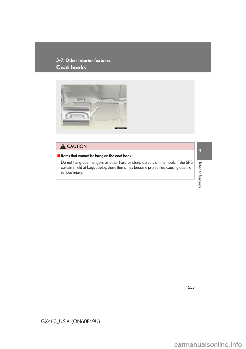 Lexus GX460 2010  Scheduled Maintenance Guide / LEXUS 2010 GX460 OWNERS MANUAL (OM60E69U) 555
3-7. Other interior features
3
Interior features
GX460_U.S.A. (OM60E69U)
Coat hooks
CAUTION
■Items that cannot be hung on the coat hook 
Do not hang coat hangers or other hard or sharp objects o