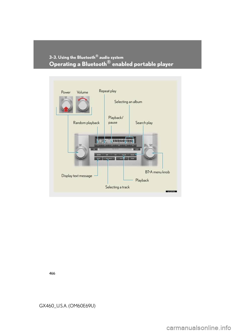 Lexus GX460 2010 Using The Bluetooth Audio System / LEXUS 2010 GX460 OWNERS MANUAL (OM60E69U) 466
3-3. Using the Bluetooth® audio system
GX460_U.S.A. (OM60E69U)
Operating a Bluetooth® enabled portable player
Random playbackRepeat play
Playback/
pause Selecting an album
Search play
Playba Lexus GX460 2010 Using The Bluetooth Audio System / LEXUS 2010 GX460 OWNERS MANUAL (OM60E69U) 466
3-3. Using the Bluetooth® audio system
GX460_U.S.A. (OM60E69U)
Operating a Bluetooth® enabled portable player
Random playbackRepeat play
Playback/
pause Selecting an album
Search play
Playba