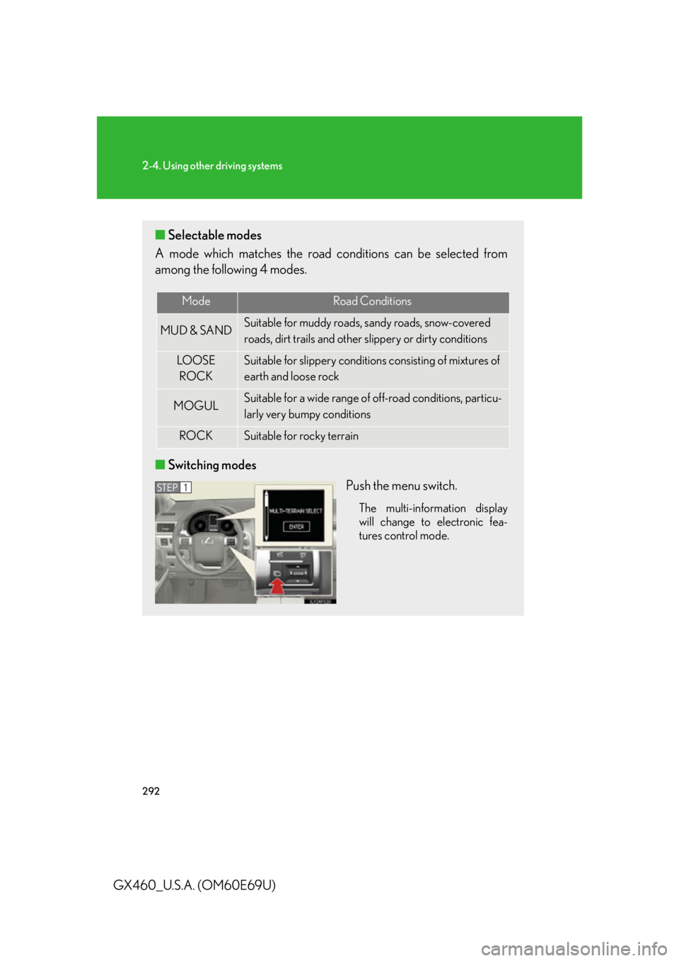 Lexus GX460 2010  Scheduled Maintenance Guide / LEXUS 2010 GX460 OWNERS MANUAL (OM60E69U) 292
2-4. Using other driving systems
GX460_U.S.A. (OM60E69U)
■Selectable modes
A mode which matches the road co nditions can be selected from 
among the following 4 modes.
■ Switching modes
Push t