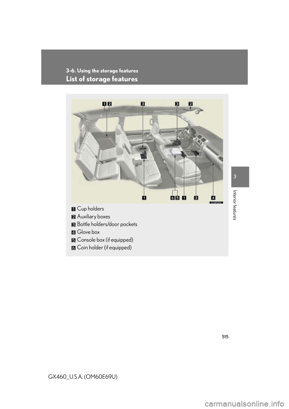 Lexus GX460 2010 Scheduled Maintenance Guide / LEXUS 2010 GX460 OWNERS MANUAL (OM60E69U) 515
3
Interior features
GX460_U.S.A. (OM60E69U)
3-6. Using the storage features
List of storage features
Cup holders
Auxiliary boxes
Bottle holders/door pockets
Glove box
Console box (if equipped)
Coi Lexus GX460 2010 Scheduled Maintenance Guide / LEXUS 2010 GX460 OWNERS MANUAL (OM60E69U) 515
3
Interior features
GX460_U.S.A. (OM60E69U)
3-6. Using the storage features
List of storage features
Cup holders
Auxiliary boxes
Bottle holders/door pockets
Glove box
Console box (if equipped)
Coi