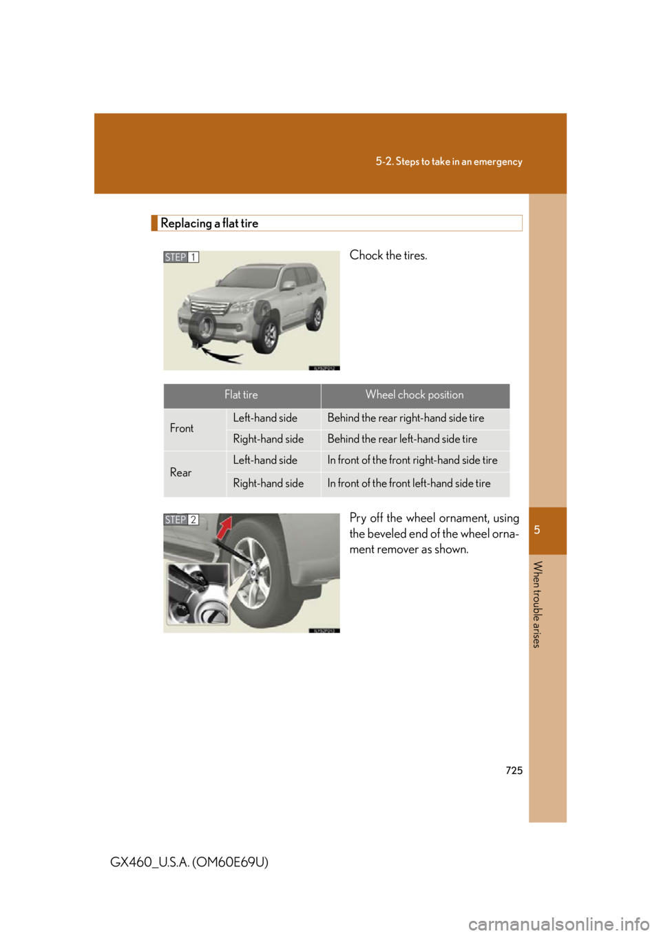 Lexus GX460 2010 Scheduled Maintenance Guide / LEXUS 2010 GX460 OWNERS MANUAL (OM60E69U) 5
When trouble arises
725
5-2. Steps to take in an emergency
GX460_U.S.A. (OM60E69U)
Replacing a flat tireChock the tires.
Pry off the wheel ornament, using
the beveled end of the wheel orna-
ment re Lexus GX460 2010 Scheduled Maintenance Guide / LEXUS 2010 GX460 OWNERS MANUAL (OM60E69U) 5
When trouble arises
725
5-2. Steps to take in an emergency
GX460_U.S.A. (OM60E69U)
Replacing a flat tireChock the tires.
Pry off the wheel ornament, using
the beveled end of the wheel orna-
ment re