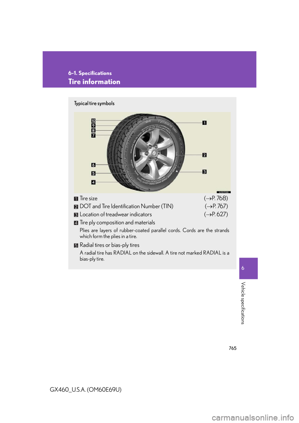 Lexus GX460 2010 Scheduled Maintenance Guide / LEXUS 2010 GX460 (OM60E69U) User Guide 765
6-1. Specifications
6
Vehicle specifications
GX460_U.S.A. (OM60E69U)
Tire information
Ty p i c a l t i r e s y m b o l s
Tire size(P. 76 8 )
DOT and Tire Identification Number (TIN) ( P. Lexus GX460 2010 Scheduled Maintenance Guide / LEXUS 2010 GX460 (OM60E69U) User Guide 765
6-1. Specifications
6
Vehicle specifications
GX460_U.S.A. (OM60E69U)
Tire information
Ty p i c a l t i r e s y m b o l s
Tire size(P. 76 8 )
DOT and Tire Identification Number (TIN) ( P.