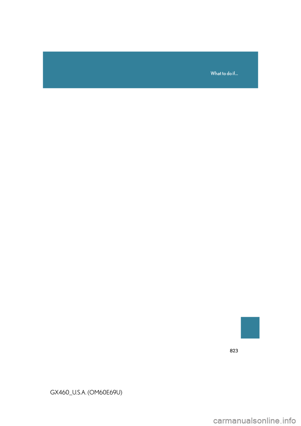 Lexus GX460 2010 Scheduled Maintenance Guide / LEXUS 2010 GX460 OWNERS MANUAL (OM60E69U) 823
What to do if...
GX460_U.S.A. (OM60E69U) Lexus GX460 2010 Scheduled Maintenance Guide / LEXUS 2010 GX460 OWNERS MANUAL (OM60E69U) 823
What to do if...
GX460_U.S.A. (OM60E69U)