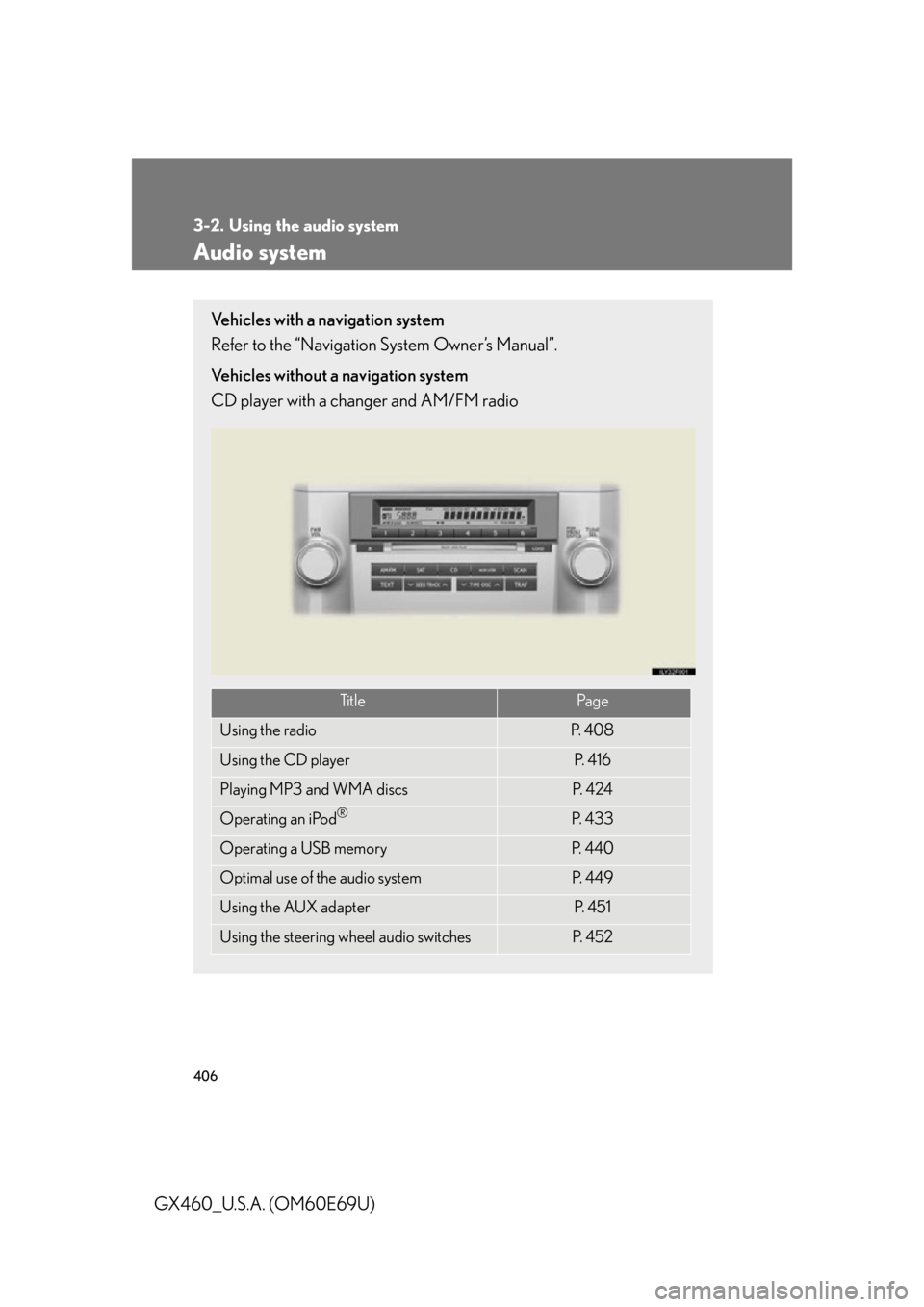 Lexus GX460 2010 Using The Bluetooth Audio System / 406
GX460_U.S.A. (OM60E69U)
3-2. Using the audio system
Audio system
Vehicles with a navigation system
Refer to the “Navigation System Owner’s Manual”.
Vehicles without a navigation system
CD pl Lexus GX460 2010 Using The Bluetooth Audio System / 406
GX460_U.S.A. (OM60E69U)
3-2. Using the audio system
Audio system
Vehicles with a navigation system
Refer to the “Navigation System Owner’s Manual”.
Vehicles without a navigation system
CD pl