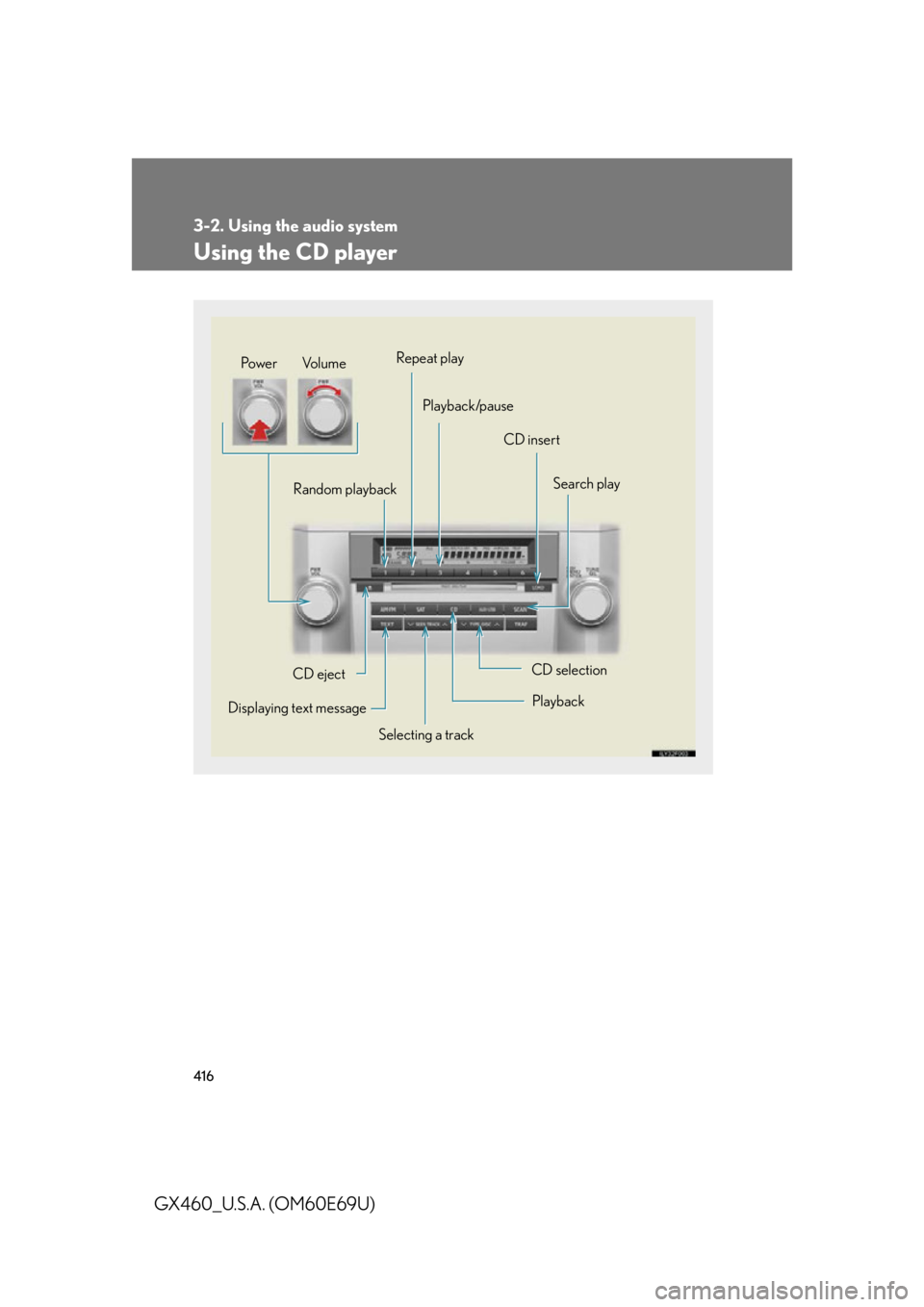 Lexus GX460 2010 Using The Bluetooth Audio System / 416
3-2. Using the audio system
GX460_U.S.A. (OM60E69U)
Using the CD player
Selecting a trackSearch play
CD eject
Displaying text message Random playback
CD selection
CD insert
Repeat play
Playback/pa Lexus GX460 2010 Using The Bluetooth Audio System / 416
3-2. Using the audio system
GX460_U.S.A. (OM60E69U)
Using the CD player
Selecting a trackSearch play
CD eject
Displaying text message Random playback
CD selection
CD insert
Repeat play
Playback/pa