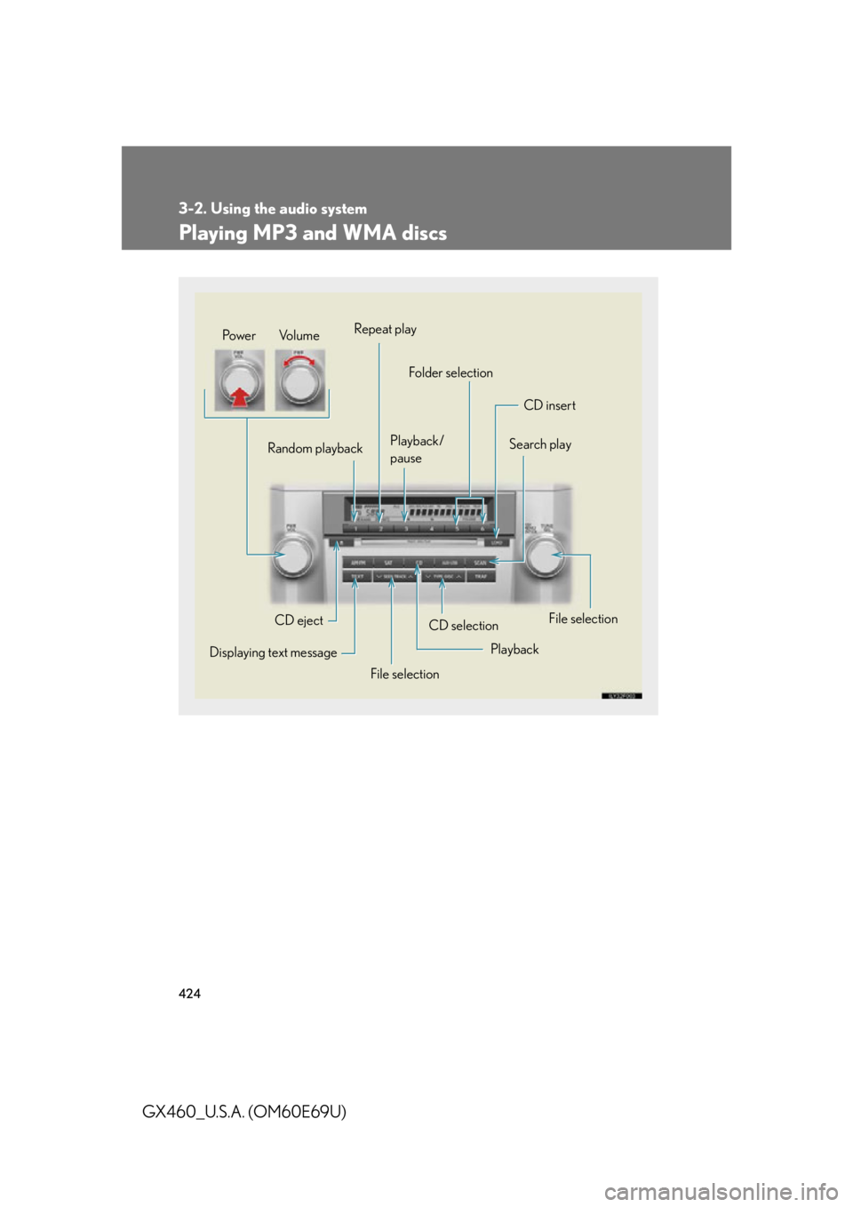 Lexus GX460 2010 Using The Bluetooth Audio System / 424
3-2. Using the audio system
GX460_U.S.A. (OM60E69U)
Playing MP3 and WMA discs
CD selectionCD insert
Folder selection
Random playback Playback/
pause Search play
File selection
Playback
File se Lexus GX460 2010 Using The Bluetooth Audio System / 424
3-2. Using the audio system
GX460_U.S.A. (OM60E69U)
Playing MP3 and WMA discs
CD selectionCD insert
Folder selection
Random playback Playback/
pause Search play
File selection
Playback
File se