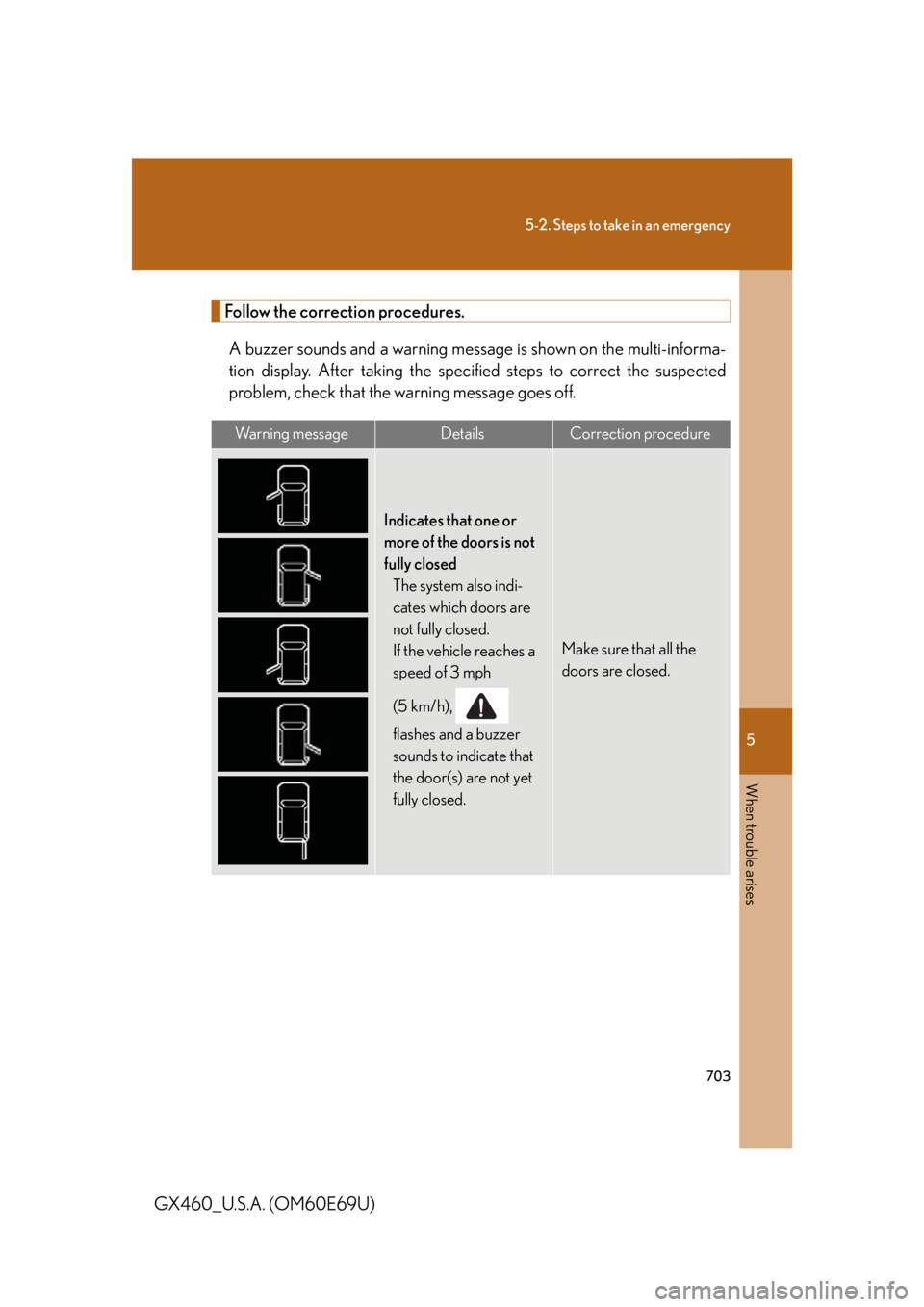 Lexus GX460 2010 Using The Bluetooth Audio System / 5
When trouble arises
703
5-2. Steps to take in an emergency
GX460_U.S.A. (OM60E69U)
Follow the correction procedures.A buzzer sounds and a warning message is shown on the multi-informa-
tion display Lexus GX460 2010 Using The Bluetooth Audio System / 5
When trouble arises
703
5-2. Steps to take in an emergency
GX460_U.S.A. (OM60E69U)
Follow the correction procedures.A buzzer sounds and a warning message is shown on the multi-informa-
tion display