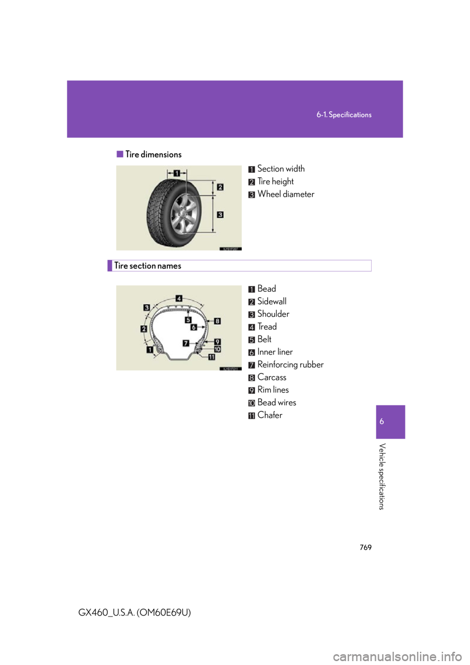Lexus GX460 2010  Using The Bluetooth Audio System / 769
6-1. Specifications
6
Vehicle specifications
GX460_U.S.A. (OM60E69U)■
Tire dimensions
Section width
Ti r e  h e i g h t
Wheel diameter
Tire section names
Bead
Sidewall
Shoulder
Tread
Belt
Inner 