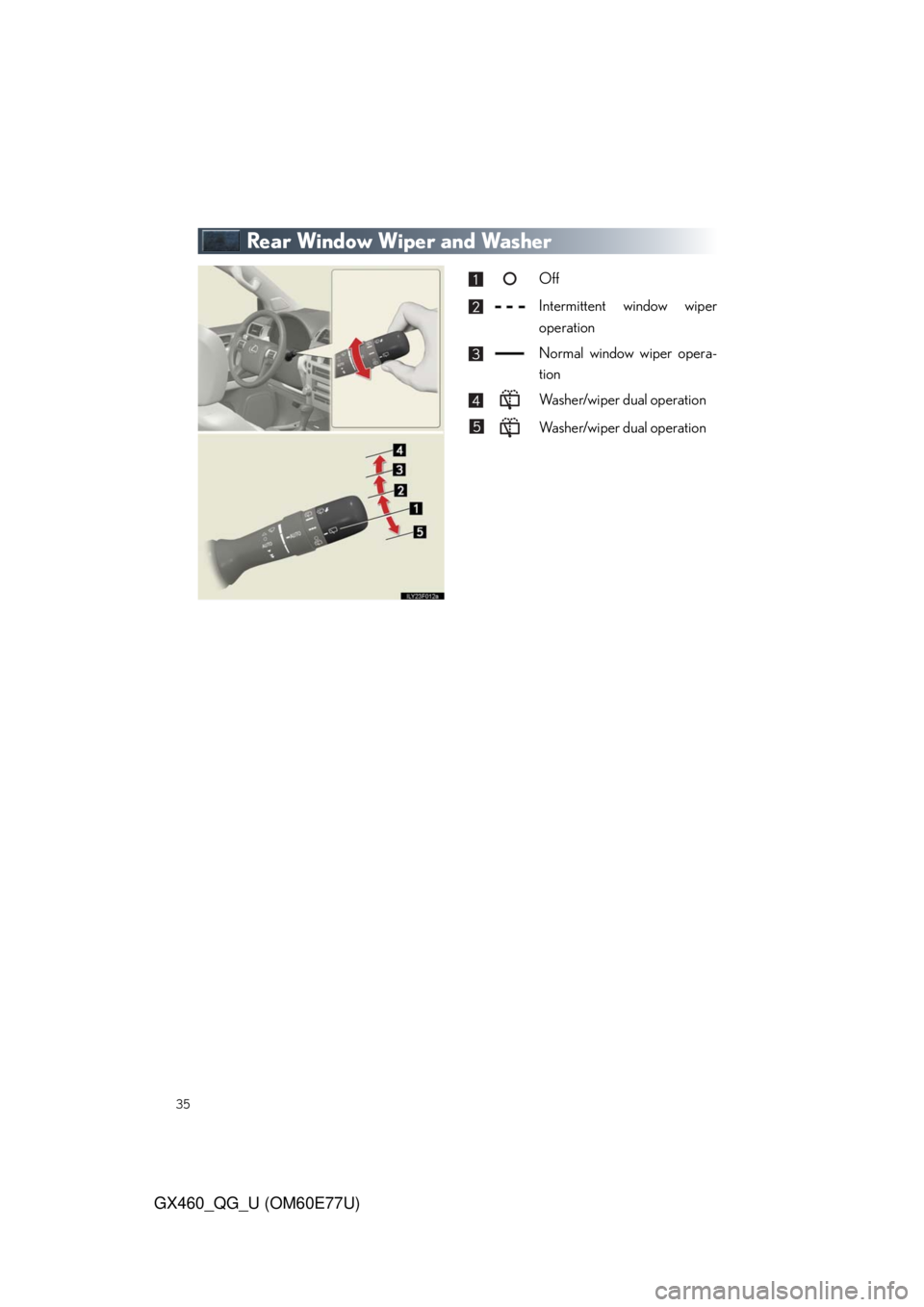 Lexus GX460 2010  Using The Bluetooth Audio System / LEXUS 2010 GX460  QUICK GUIDE (OM60E77U) Owners Guide 35
GX460_QG_U (OM60E77U)
Rear Window Wiper and Washer
Off
Intermittent window wiper
operation
Normal window wiper opera-
tion
Washer/wiper dual operation
Washer/wiper dual operation 