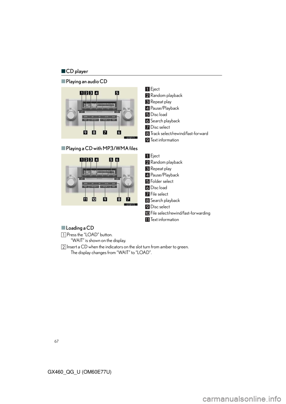 Lexus GX460 2010  Using The Bluetooth Audio System / LEXUS 2010 GX460 OWNERS MANUAL QUICK GUIDE (OM60E77U) 67
GX460_QG_U (OM60E77U)
■CD player
■
Playing an audio CD
Eject
Random playback 
Repeat play
Pause/Playback
Disc load
Search playback
Disc select
Track select/rewind/fast-forward
Te x t  i n f o r