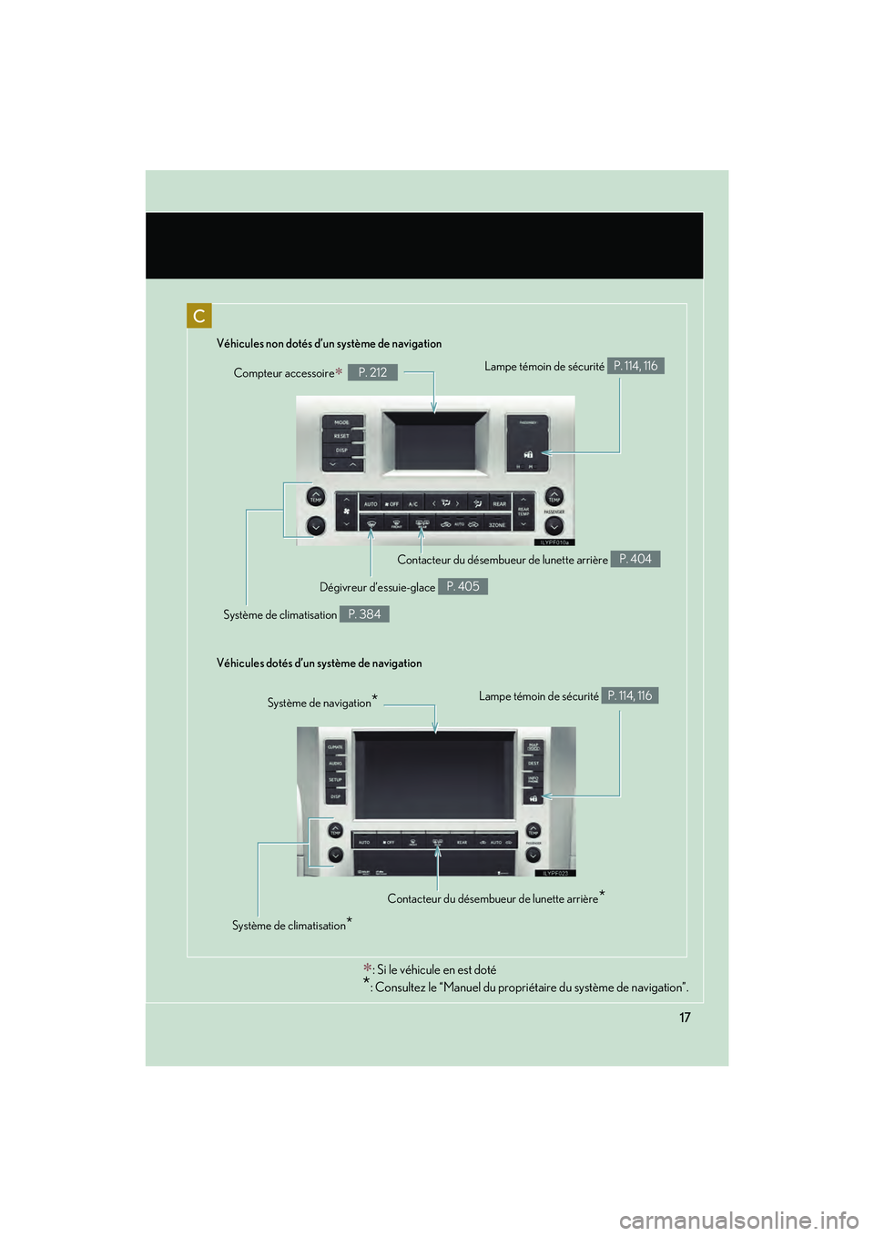 Lexus GX460 2010  Manuel du propriétaire (in French) 17
GX460_D (OM60F29D)
Compteur accessoire∗ P. 212
Véhicules non dotés d’un système de navigation
Véhicules dotés d’un système de navigation
C
Lampe témoin de sécurité P. 114, 116
Contac